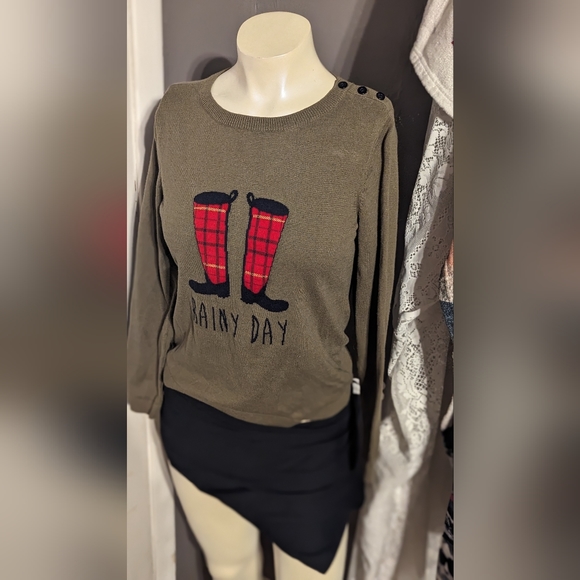 Talbots Olive Green sweater rain day boots plaid art graphic button patch large - Picture 5 of 7